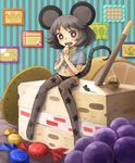  animal_ears bad_id bad_pixiv_id basket black_panties cake candy capelet eating food fruit grapes grey_hair highres in_food minigirl mitsuki_(goomoku) mouse mouse_ears mouse_tail navel nazrin no_pants panties pastry print_legwear red_eyes solo star star_print tail thighhighs touhou underwear 