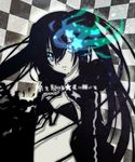  bikini_top black_hair black_rock_shooter black_rock_shooter_(character) blue_eyes burning_eye coat flat_chest highres jacket long_hair nagy pale_skin scar solo star tears 