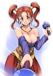  bare_shoulders blush breasts brown_eyes brown_hair cleavage corset dragon_quest dragon_quest_viii dress earrings grin jessica_albert jewelry large_breasts purple_shirt shinozuka_jouji shirt smile solo strapless strapless_dress twintails 