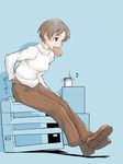  anpan bad_id bad_pixiv_id brown_hair copyright_request food hiru_okita mouth_hold pants short_hair sitting solo 