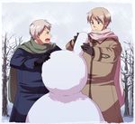  axis_powers_hetalia bad_id bad_pixiv_id blonde_hair coat daizu_(kinako) military military_uniform multiple_boys prussia_(hetalia) russia_(hetalia) scarf snow snowman uniform 