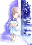  barefoot blush brown_eyes brown_hair feet hagiwara_yukiho hands hirokazu idolmaster idolmaster_(classic) leg_hug md5_mismatch pajamas short_hair sitting snow solo 