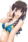  ahoge amagami bikini_top black_hair breasts brown_hair cleavage face kishida-shiki large_breasts long_hair looking_at_viewer morishima_haruka navel open_mouth shiny shiny_skin smile solo swimsuit v 