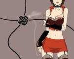  arm_warmers bra breasts brown_hair cigarette cleavage collar flower garter_belt kochimu large_breasts lingerie lipstick makeup meiko midriff nail_polish navel piano_x_forte_x_scandal_(vocaloid) red_nails rose short_hair skirt solo thighhighs underwear vocaloid zettai_ryouiki 