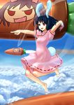  animal_ears barefoot black_hair blue_door bunny_ears carrot cloud day feet flying hands inaba_tewi jewelry missile pendant pointing red_eyes rocket short_hair sky solo tail touhou 