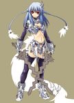  armor blue_hair breasts cleavage elbow_gloves gloves hotori_(sion) large_breasts long_hair midriff navel original red_eyes simple_background solo sword thighhighs weapon 