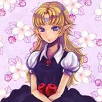  apple avallone bad_id bad_pixiv_id blonde_hair blue_eyes circlet dress food fruit grimm's_fairy_tales long_hair lowres original pointy_ears princess_zelda snow_white snow_white_(grimm) solo the_legend_of_zelda 