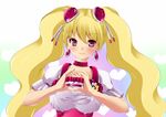  amasora_taichi blonde_hair blush choker cure_peach earrings fresh_precure! hair_ornament heart heart_hair_ornament heart_hands jewelry long_hair magical_girl momozono_love pink_choker precure red_eyes solo twintails 