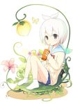  cardigan copyright_request drinking drinking_straw feet flower leaf sakusaku school_uniform serafuku sitting skirt socks solo white_hair 