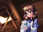  ainu_clothes animal_ears aruruw brown_eyes brown_hair dog_ears mukkuru oruta_(owata_saber) solo striped utawareru_mono 