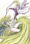  armor barbariccia blonde_hair cain_highwind cape cecil_harvey final_fantasy final_fantasy_iv helmet jewelry kuu_(pixiv582427) long_hair lots_of_jewelry monster monster_girl pasties petrification polearm ponytail rosa_farrell spear statue very_long_hair weapon 