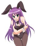 afuro animal_ears blush bow bow_tie bowtie breasts bunny_ears bunny_girl bunny_outfit bunnysuit cleavage crossed_arms faris_scherwiz final_fantasy final_fantasy_v green_eyes leotard long_hair pantyhose purple_hair 