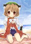  animal_ears bad_id bad_pixiv_id barefoot brown_hair cat_ears cat_tail chen dress feet hands hat mizukusa_aoba multiple_tails red_eyes school_swimsuit short_hair sitting skirt skirt_lift smile solo swimsuit swimsuit_under_clothes tail touhou wariza 