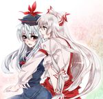  bad_id bad_pixiv_id blue_hair ear_licking fujiwara_no_mokou hat kamishirasawa_keine licking long_hair multiple_girls red_eyes silver_hair suspenders tongue touhou unabara_misumi yuri 