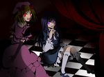  blonde_hair blood blue_hair checkered checkered_floor dark dress elbow_gloves evil_grin evil_smile frederica_bernkastel frills gloves grin hair_ornament kneehighs lambdadelta maria_(m-twi) multiple_girls purple_eyes red_eyes smile socks umineko_no_naku_koro_ni 