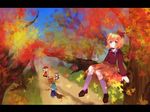  aki_minoriko aki_shizuha amo autumn broom dress fire food forest hair_ornament highres kneehighs kochiya_sanae leaf leaf_hair_ornament maple_leaf moriya_suwako multiple_girls nature orange_hair road short_hair sitting smoke socks sweet_potato touhou tree yakiimo 