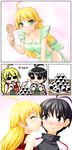  :3 ahoge androgynous antenna_hair apron bad_id bad_pixiv_id black_eyes black_hair blonde_hair blush breasts cleavage cup food green_eyes highres hoshii_miki idolmaster idolmaster_(classic) kikuchi_makoto licking long_hair multiple_girls naked_apron onigiri plate reverse_trap rice saliva short_hair small_breasts surprised totokichi yuri 