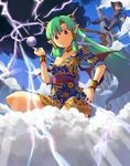  1girl aki_(mare_desiderii) bag breasts circlet cleavage cloud dark_clouds dress from_below green_hair hand_on_hip hands hat japanese_clothes jpeg_artifacts kimono lightning long_hair medium_breasts original pointing pointy_ears red_eyes smile wrist_cuffs 
