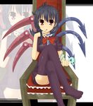  bad_id bad_pixiv_id black_hair black_legwear bow chair crossed_legs finger_to_mouth hasetomo highres houjuu_nue legs long_hair red_eyes sitting snake solo thighhighs touhou wings zettai_ryouiki zoom_layer 
