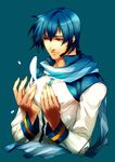  bad_id bad_pixiv_id blue_eyes blue_hair blue_scarf hands hiryuu_(kugelcruor) kaito male_focus scarf signature simple_background smile solo upper_body vocaloid 