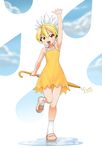  :d armpits bare_shoulders blonde_hair child closed_umbrella costume dress fang gen_1_pokemon holding jolteon jouwan open_mouth personification pokemon puddle smile socks solo standing standing_on_one_leg umbrella yellow_eyes 