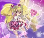  blonde_hair boots bow cure_peach fresh_precure! hair_ornament heart heart_hair_ornament holding holding_wand long_hair magical_girl momozono_love peach_rod pink_bow precure solo twintails u_to_i very_long_hair wand 