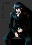  alcohol beard black_hair bryanth dark darker_than_black facial_hair formal hei highres long_hair male_focus ponytail solo 