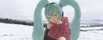  aqua_eyes aqua_hair hands hatsune_miku long_hair realistic scarf scenery smile snow solo toro_(konirio) twintails vocaloid 