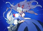  bow closed_eyes dress fujiwara_no_mokou hair_bow kamishirasawa_keine long_hair machiko_(beard) multiple_girls parody ribbon sekai_wo_kakumei_suru_chikara_wo shoujo_kakumei_utena suspenders touhou white_hair 