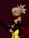  bat_wings black_sclera blonde_hair bow butcher_knife dark dark_persona demon_girl detached_sleeves disgaea dress dual_wielding earrings hair_ornament highres holding jewelry knife makai_senki_disgaea_2 necklace pointy_ears red_eyes rozalin strapless strapless_dress suigintouin wings yellow_bow zenon_(disgaea) 