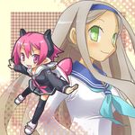  bat_wings blush demon_girl disgaea green_eyes grey_hair hairband horns karina long_hair makai_senki_disgaea_3 multiple_girls pink_eyes pink_hair pointy_ears raspberyl sailor_collar sapphire_rhodonite school_uniform serafuku short_hair smile symbol_in_eye tail thighhighs white_sailor_collar wings 