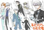  alternate_costume atarashi brown_hair butler card doctor floating_card glasses grey_hair gun hanamura_yousuke highres holding holding_card japanese_clothes male_focus medical_scrubs multiple_boys narukami_yuu persona persona_4 translation_request weapon 