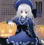  calendar_(medium) copyright_request grey_background hat jack-o'-lantern mitsumi_misato october pumpkin silver_hair solo 