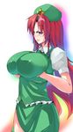  bad_id bad_pixiv_id blue_eyes braid breast_lift breasts china_dress chinese_clothes deep_skin dress hat hong_meiling huge_breasts impossible_clothes impossible_shirt long_hair red_hair shirt solo toono_yayoi touhou twin_braids 