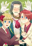  2boys bad_id bad_pixiv_id beatrice blonde_hair blush chain collar facial_hair flower fuwa gloves grin hair_ornament monocle multiple_boys mustache necktie red_hair ronove rose smile sweatdrop umineko_no_naku_koro_ni ushiromiya_battler 