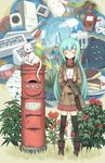  ahoge aikei_ake animal blue_hair blush cat closed_eyes game_boy hair_ribbon handheld_game_console japanese_cylindrical_postbox japanese_postal_mark letter long_hair original postbox_(outgoing_mail) ribbon smile solo thighhighs 