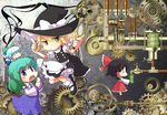  black_hair blonde_hair blue_eyes blue_hair bow braid chibi cirno cup detached_sleeves frog gears green_hair hair_bow hair_ornament hakurei_reimu hat kawasemi_(pocorit) kirisame_marisa kochiya_sanae long_hair magnifying_glass mug multiple_girls short_hair tea touhou wings witch_hat yellow_eyes |_| 