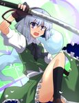  akatoro_(nightlord) black_hairband blue_eyes ghost hairband katana konpaku_youmu konpaku_youmu_(ghost) ribbon short_hair silver_hair solo sword touhou weapon 