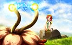  closed_eyes cloud day electricity flower grass hat highres mille orange_(touhou) red_hair ribbon shorts sitting sky solo touhou touhou_(pc-98) wallpaper 