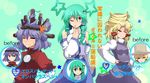  :3 =_= akatoro_(nightlord) blonde_hair detached_sleeves eyes frog green_hair hair_ornament hat koakuma_ageha kochiya_sanae leaf_hair_ornament long_hair moriya_suwako multiple_girls purple_hair red_eyes short_hair star touhou translation_request yasaka_kanako yellow_eyes 