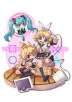  2girls andy_h aqua_eyes aqua_hair blonde_hair chibi detached_sleeves game_console hair_ornament hair_ribbon hairpin hatsune_miku kagamine_len kagamine_rin kneehighs long_hair multiple_girls necktie playing_games playstation_3 ribbon short_hair shorts skirt socks twintails vocaloid 