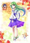  :d autumn_leaves blue_eyes blue_skirt blush detached_sleeves from_behind full_body kochiya_sanae long_sleeves looking_at_viewer moriya_suwako multiple_girls open_mouth sho_(runatic_moon) skirt smile solo_focus standing touhou yasaka_kanako 