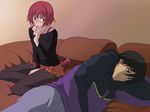  1girl bed blush darker_than_black hei pantyhose ponytail red_hair rp_(necho) skirt suou_pavlichenko 