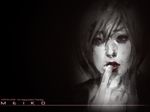  black lips matsudo_aya meiko monochrome realistic red_eyes short_hair solo spot_color vocaloid 