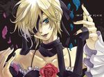  aqua_eyes black_dress black_lipstick blonde_hair crossdressing dress eyepatch flower hair_ribbon imitation_black_(vocaloid) kagamine_len lipstick makeup male_focus nail_polish otoko_no_ko ribbon rose smile solo vocaloid yamako_(state_of_children) 