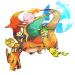  black_hair blonde_hair charizard gen_1_pokemon green_eyes hat kirby kirby_(series) link lowres lucas male_focus mother_(game) mother_2 mother_3 multiple_boys ness pikachu pokemon pokemon_(creature) quiff sin_(hitonatsu) smile super_smash_bros. the_legend_of_zelda wings 