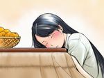  black_hair blush closed_eyes food fruit hair_ornament ino kotatsu mandarin_orange mochizuki_nonoka otome_function saliva sleeping solo table 