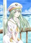  alice_carroll aria blue_eyes cloud day green_hair hand_cream hat long_hair ocean open_mouth outdoors pole railing sky solo uniform 