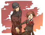  1girl ^_^ aragaki_shinjirou bad_id bad_pixiv_id bow bowtie brown_hair closed_eyes couple female_protagonist_(persona_3) hat hetero holding_hands open_mouth persona persona_3 persona_3_portable school_uniform trench_coat tsukudato 