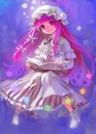  ama-tou bangs blunt_bangs bobby_socks book bow capelet crescent flying glowing hair_bow hat highres long_hair no_shoes open_book patchouli_knowledge purple_eyes purple_hair reading robe smile socks solo star striped touhou 